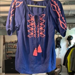 Talbots Blue and Pink Puff Sleeve Blouse with Tie Front